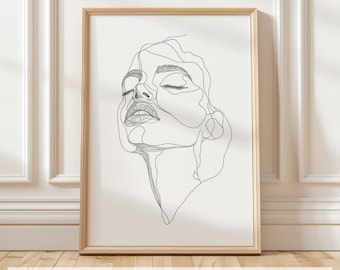 Minimalistisch portret lijnkunst, abstract vrouwelijk gezicht afdrukbaar, moderne muurkunst, zwart-wit digitale print, decor hedendaagse kunst