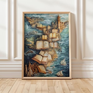 Amoureux des livres Fantasy Map Impression artistique | Art mural surréaliste du monde du livre | Décoration numérique pour bibliothèque d'aventures