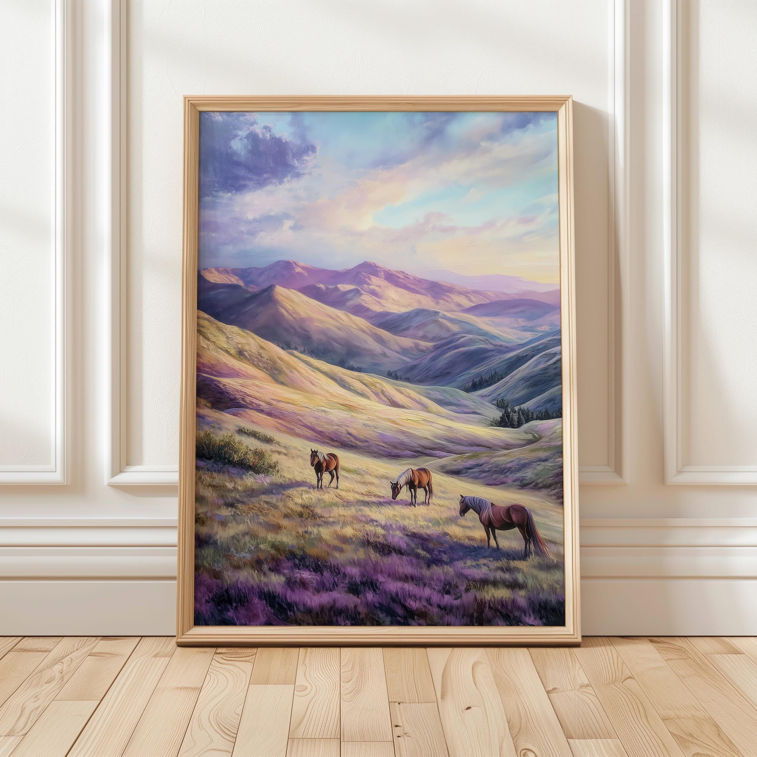 Mountain Landscape Horses Art Print | Serene Nature Wall Decor | Wild ...