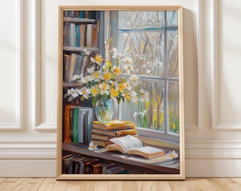 Spring Floral Book Art Print | Cozy Library Wall Decor | Book Lover's Digital Art | Window Reading Nook