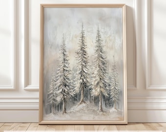 Puede incluir: Una pintura digital de una escena de bosque nevado con cinco altos pinos cubiertos de nieve en primer plano. El fondo es de un gris suave y apagado con toques de azul y blanco.