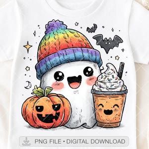 Kawaii Ghost Halloween PNG, Cute Pumpkin Coffee Sublimation, Fall Rainbow Ghost DTF Design, Spooky Season Shirt PNG, Digital Download