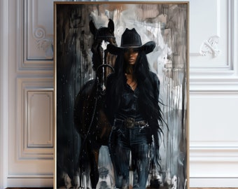 Cowgirl Portrait Digital Art Print | Black Woman Cowboy | Modern Western Art | Rustic Home Decor | Horse and Rider | Female Cowboy Aesthetic