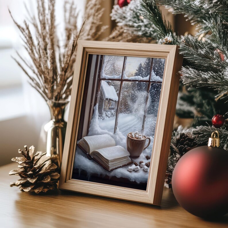 May include: A framed illustration of a cozy winter scene with a book, a cup of hot chocolate, and a snowy cottage. The illustration is set against a backdrop of a window with a view of a snowy landscape.
