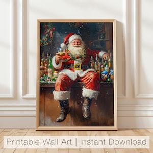 Grappige kerstman drinkt kunst, kunst aan de muur kerst, print vakantiebarwagen, printbare kerstman, kersthuisdecoratie, digitale kunst