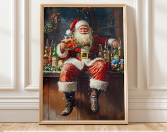 Funny Santa Claus Drinking Art, Christmas Wall Art, Holiday Bar Cart Print, Cocktail Santa Printable, Christmas Home Decor, Digital Art