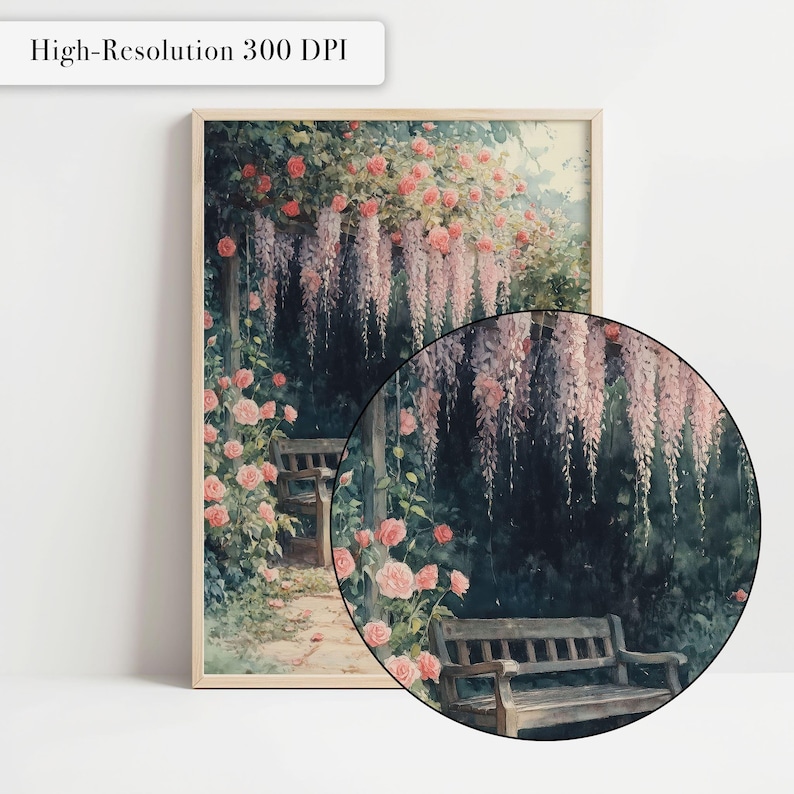 May include: A painting of a garden scene with pink roses and purple wisteria flowers. There are two benches in the garden, one in the foreground and one in the background.