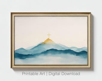 Aquarel bergchristelijk kruis: minimalistische geloofskunst (digitale download)