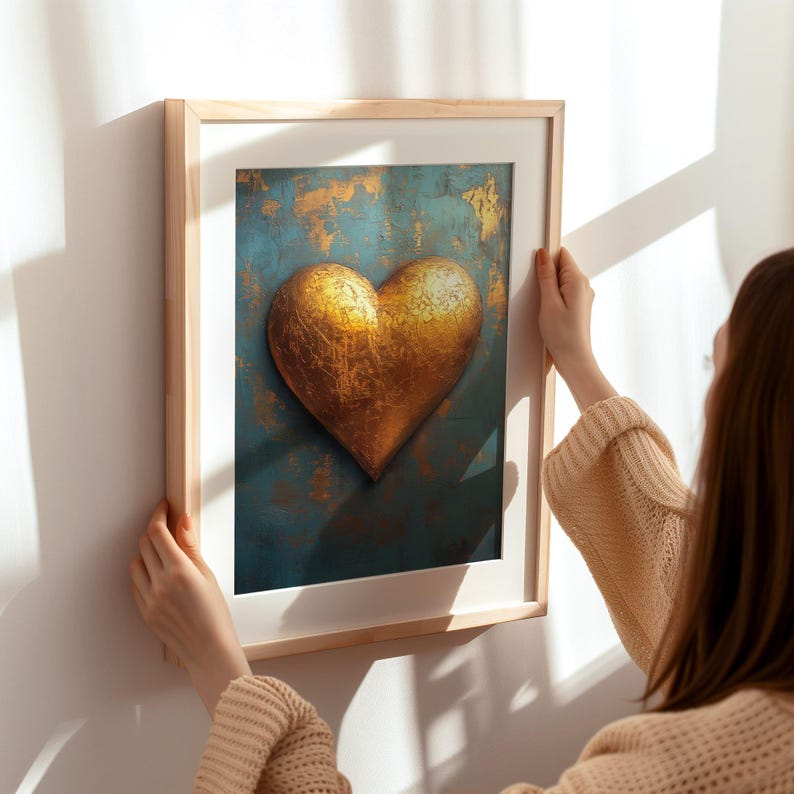 May include: A framed art print featuring a textured, golden heart against a teal and gold background. The heart is the focal point, with a distressed, metallic appearance. The frame is a light wood color, adding a natural touch to the artwork.