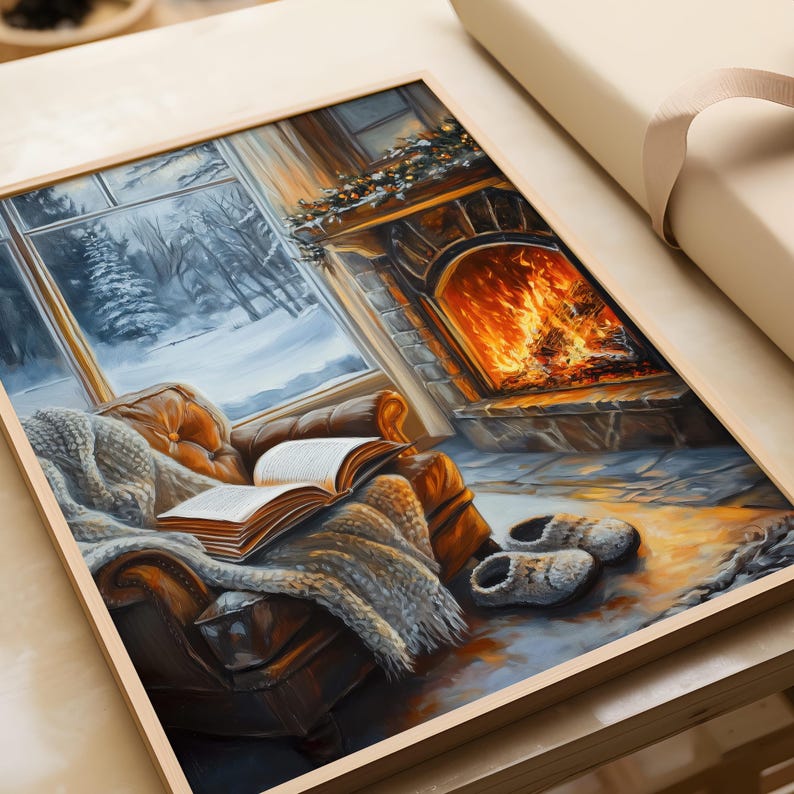 Peut inclure: Une sc&egrave;ne de salon confortable avec un fauteuil en cuir recouvert d'une couverture, un livre pos&eacute; sur le si&egrave;ge et une chemin&eacute;e avec un feu cr&eacute;pitant. Une fen&ecirc;tre derri&egrave;re le fauteuil montre un paysage hivernal enneig&eacute;.
