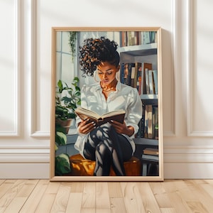 Black Woman Art Print | Reading Art | African American Book Lover Wall Decor | Cozy Bookish Digital Print