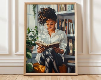 Impresión artística de mujer negra / Arte de lectura / Decoración de pared para amantes de los libros afroamericanos / Impresión digital acogedora y literaria