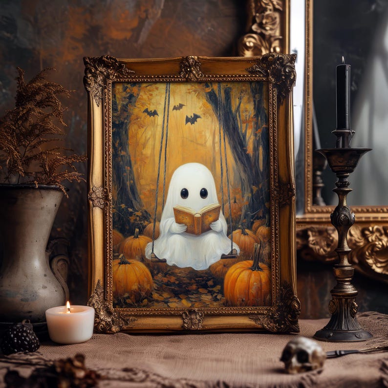 Cute Ghost Reading Art Print | Halloween Book Lover Decor | Spooky ...