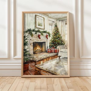 居心地の良いクリスマス暖炉アートプリント | ホリデーホームデコレーション | クリスマスツリーと暖炉の壁アート | 冬のデジタル印刷可能