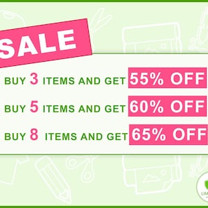 May include: A pink and white sale graphic with the text "SALE" in large white letters. The graphic lists discounts for buying 3, 5, and 8 items. The discounts are 55%, 60%, and 65% off, respectively.