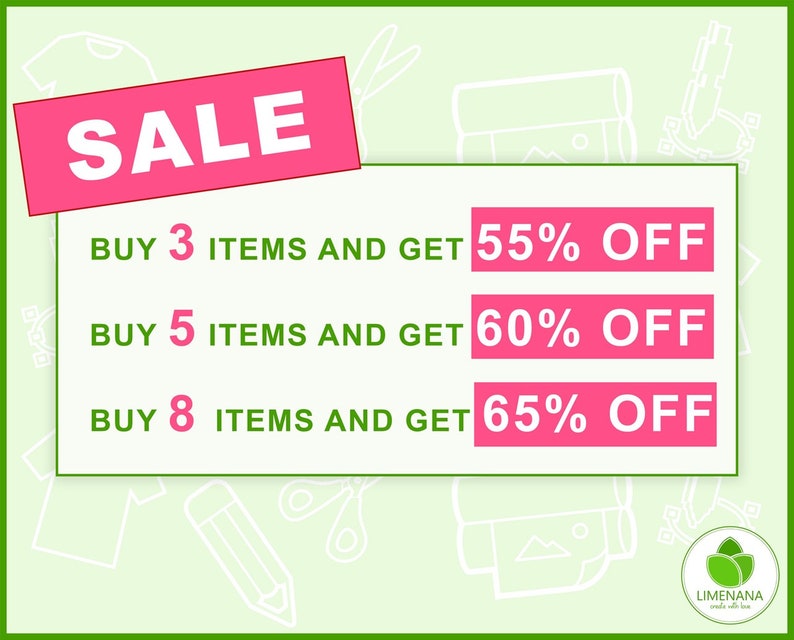 May include: A pink and white sale graphic with the text "SALE" in large white letters. The graphic lists discounts for buying 3, 5, and 8 items. The discounts are 55%, 60%, and 65% off, respectively.