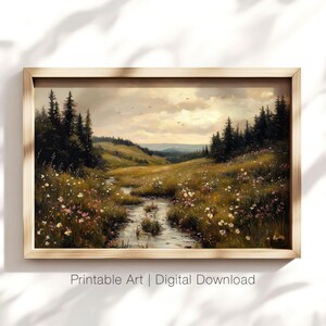 Ruhige Wiese Landschaft Kunst, Wildblumen Tal Wandkunst, Landschaft Druck, rustikale Natur Dekor, Vintage druckbare digitale Download