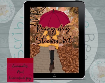 Può includere: Un'illustrazione digitale di una ragazza che indossa un vestito giallo e stivali da pioggia rossi che cammina sotto un ombrello rosso in un ambiente boschivo. Il testo "Rainy day Sticker kit" è visualizzato sull'immagine.