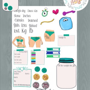 May include: A set of hand-drawn stickers for GoodNotes, featuring a weight loss jar, scales, a measuring tape, and other fitness-related icons. The stickers are in a variety of colours, including teal, pink, and gold.