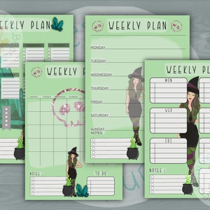 May include: Four printable weekly planner pages with a green background and witch illustrations. The pages include sections for Monday through Sunday, notes, and to-do lists.