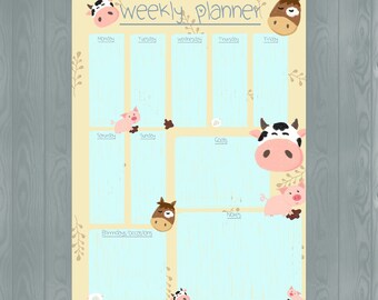May include: A weekly planner with a light blue background and a yellow border. The planner has spaces for each day of the week, as well as sections for goals, notes, and birthdays/occasions. The planner is decorated with cartoon farm animals, including cows, pigs, and horses.