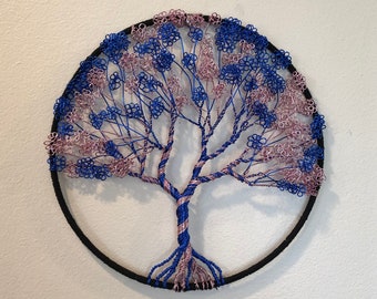 Tree of Life -  Aluminum Wire - Blue & Silver - Black Waxed Twine - 10 x 10 x1 Inches