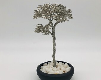 Silver Wire Bonsai Sculpture: Tinned Copper Tree in Ceramic Pot