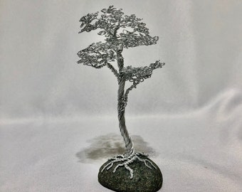 Aluminum Wire Bonsai Tree on Granite - Upright informal - Root over Rock - 7.5  x 4 x 4 Inches - Silver - House Warming Gift