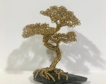 Gold Aluminum Wire Bonsai Tree Sculpture: Root Over Rock Art