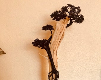 Wire Bonsai Sculpture: Black Aluminum Tree on Iowa Driftwood