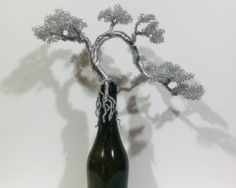 Cascading Wire Bonsai - "Message in a Bottle" - Silver Aluminum - Champagne Bottle - Wedding Anniversary Gift - 14 x 12 x11 Inches