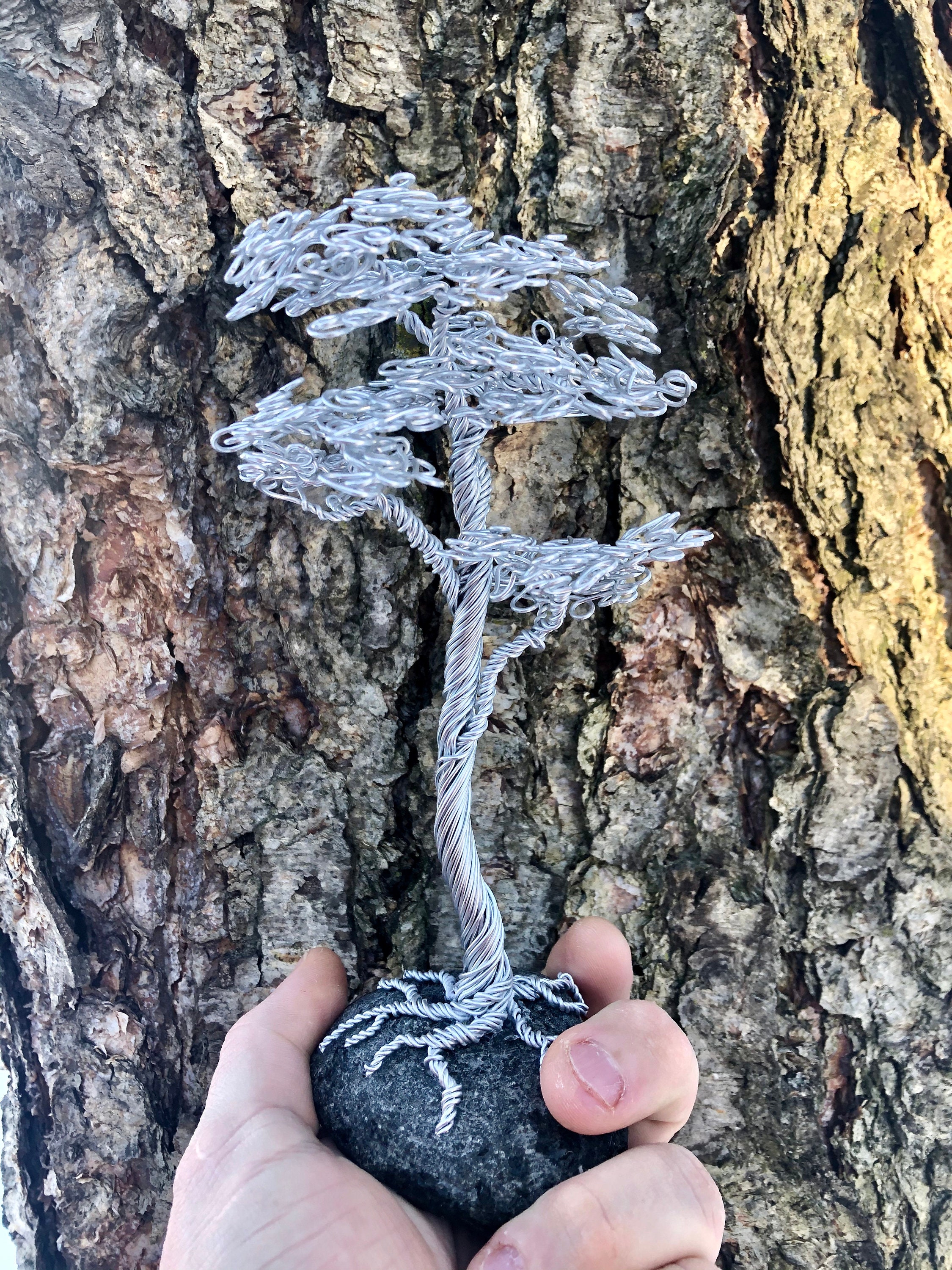 Aluminum Wire Bonsai Tree on Granite Upright Informal Root Over Rock 7.