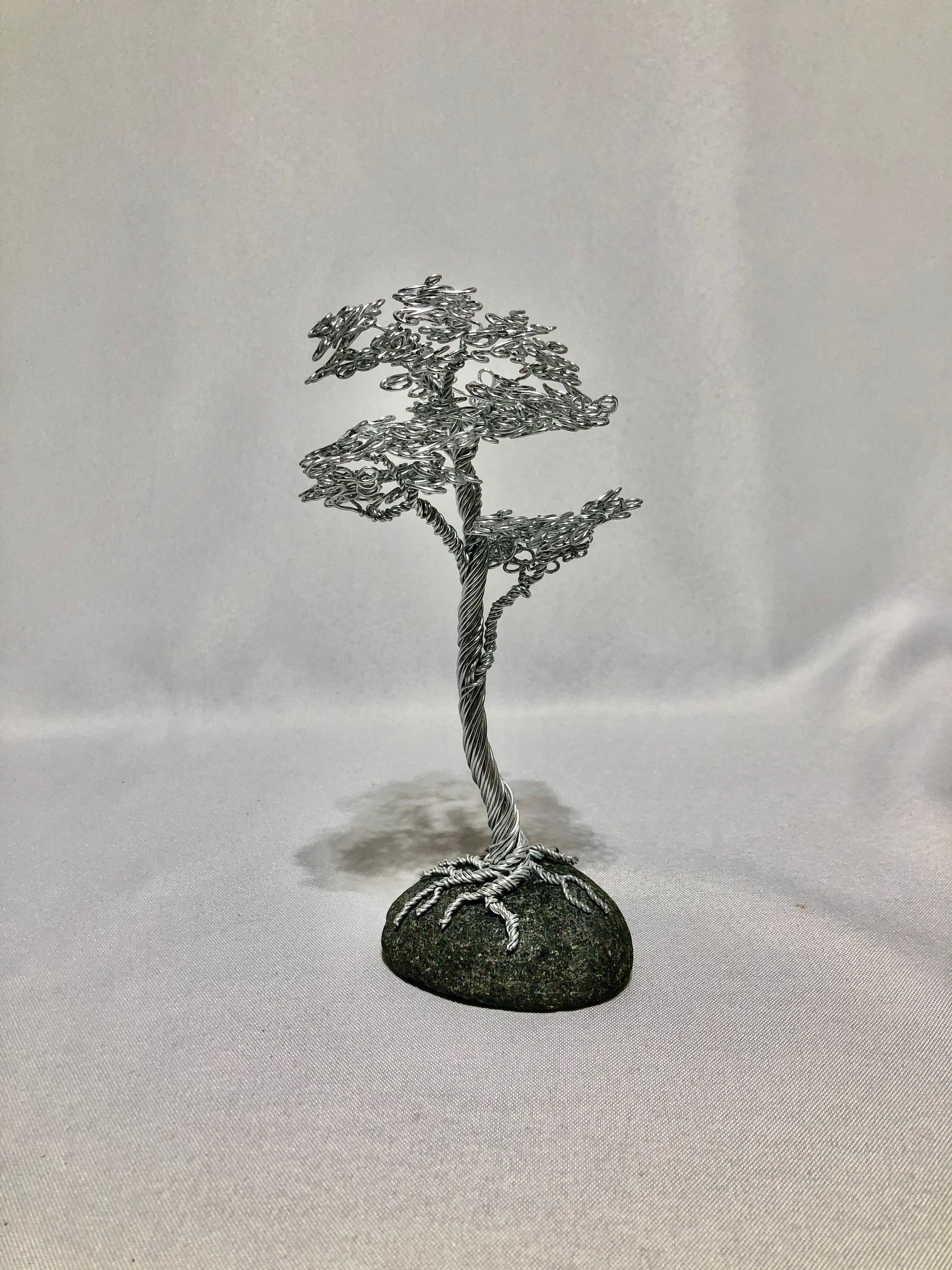 Aluminum Wire Bonsai Tree on Granite Upright Informal Root Over Rock 7.