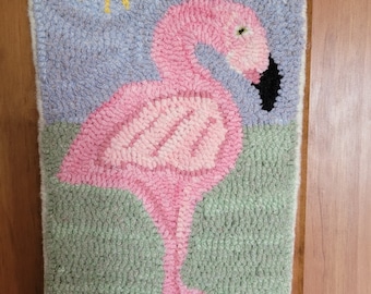 Flamingo Hand Hooked Wool Wall Hanging .