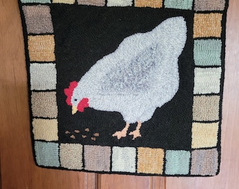 Chicken Eating Corn Hand Hooked Wool Wall Hanging