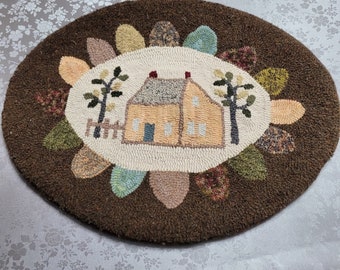 House with surrounding Tongue, Oval Shape Hand Hooked Wool Table Mat 14 1/2" x 17 1/2"