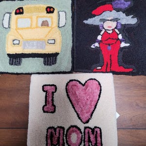 Mug Rugs Finished Hand Hooked Wool Red Hat Society, School Bus, I Love Mom