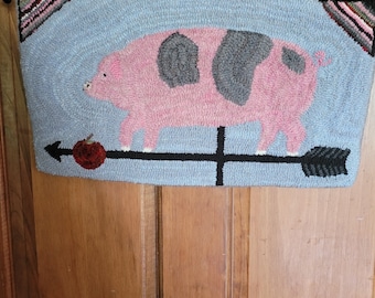 Pig Sitting on Weathervane Handed Hooked Wool Wall Hanging. Has an Apple and Hit & Miss in top corner.