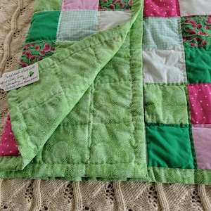 Watermelon Blocks Baby Quilt Machine Sewn Squares, Hand Quilted. Hot Pink & Lime Green