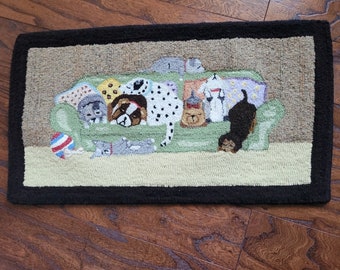 Dogs sitting and laying on couch. Has 8 multiple breeds. Hand Hooked Wool Rug. 15" x 26"