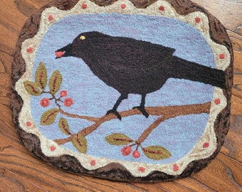 Crow w/Berries Hand Hooked Wool Table Mat 16" x 19 1/2"