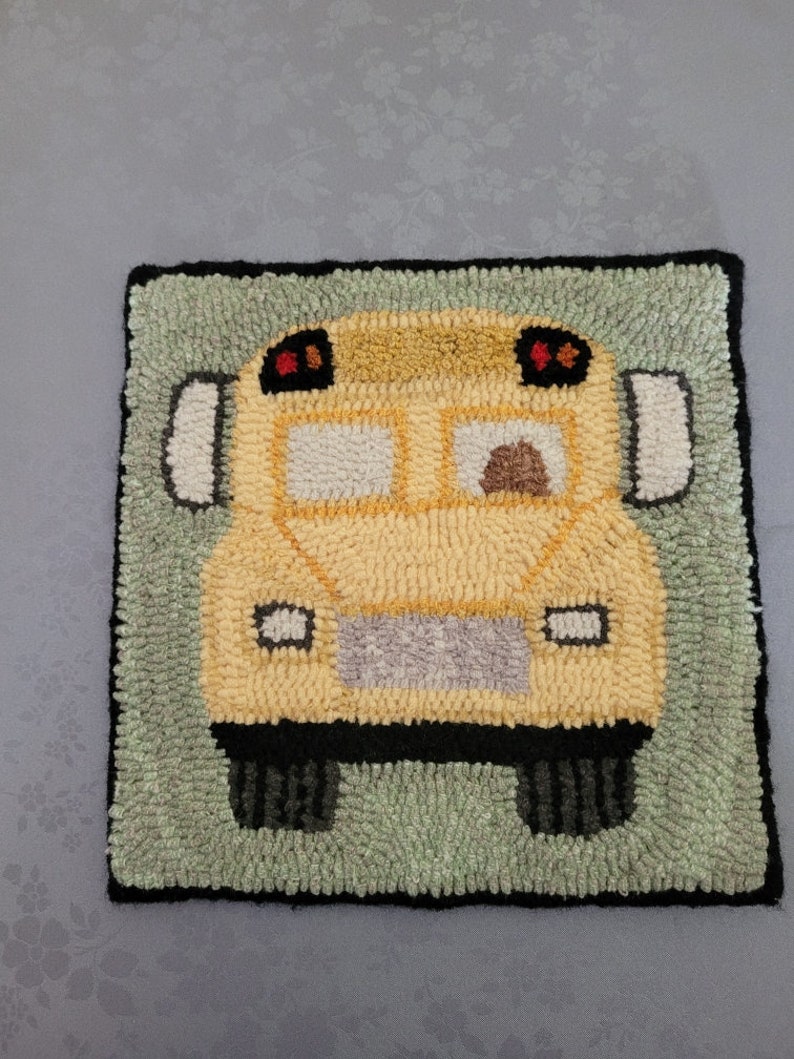 Bus Rug Large Mug Rugs Finished Hand Hooked Wool Red Hat Society, School Bus, I Love ...