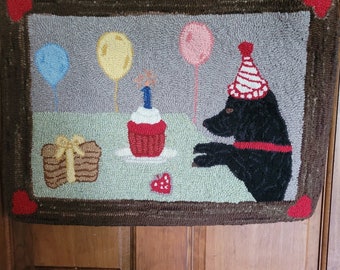 Dog's 1st Birthday Hand Hooked Wool Wall Hanging. Black Dog with Balloons, Cupcake.