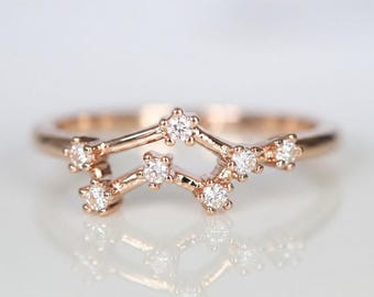 Anillo del signo zodiacal Cáncer en oro de 14k con diamantes, joyería astrológica personalizada, regalo personalizado