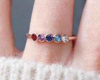 Personalized Rose Gold Birthstone Ring, Dainty Stacking Family Ring