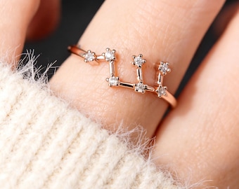 14k Gold Virgo Zodiac Ring with Diamonds, Custom Astrology Jewelry, Personalized Gift