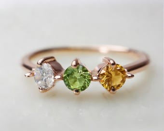 Personalized Rose Gold Birthstone Ring, Custom Family Jewelry, Stackable Minimalist Design
