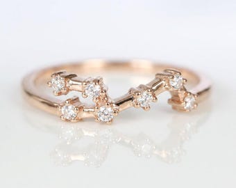 Anillo Acuario de oro de 14 quilates con diamantes, joyería del horóscopo - Regalo personalizado
