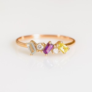 14k Gold Triple Baquette Birthstone Ring with Diamonds – Choose Your Birthstone – Custom Family Ring - Celestial Jewelry for Her