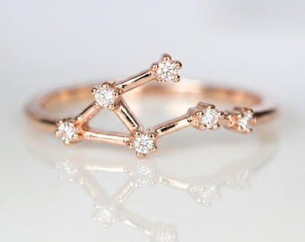 14k Gold Libra Zodiac Ring with Diamonds, Custom Astrology Jewelry, Personalized Gift